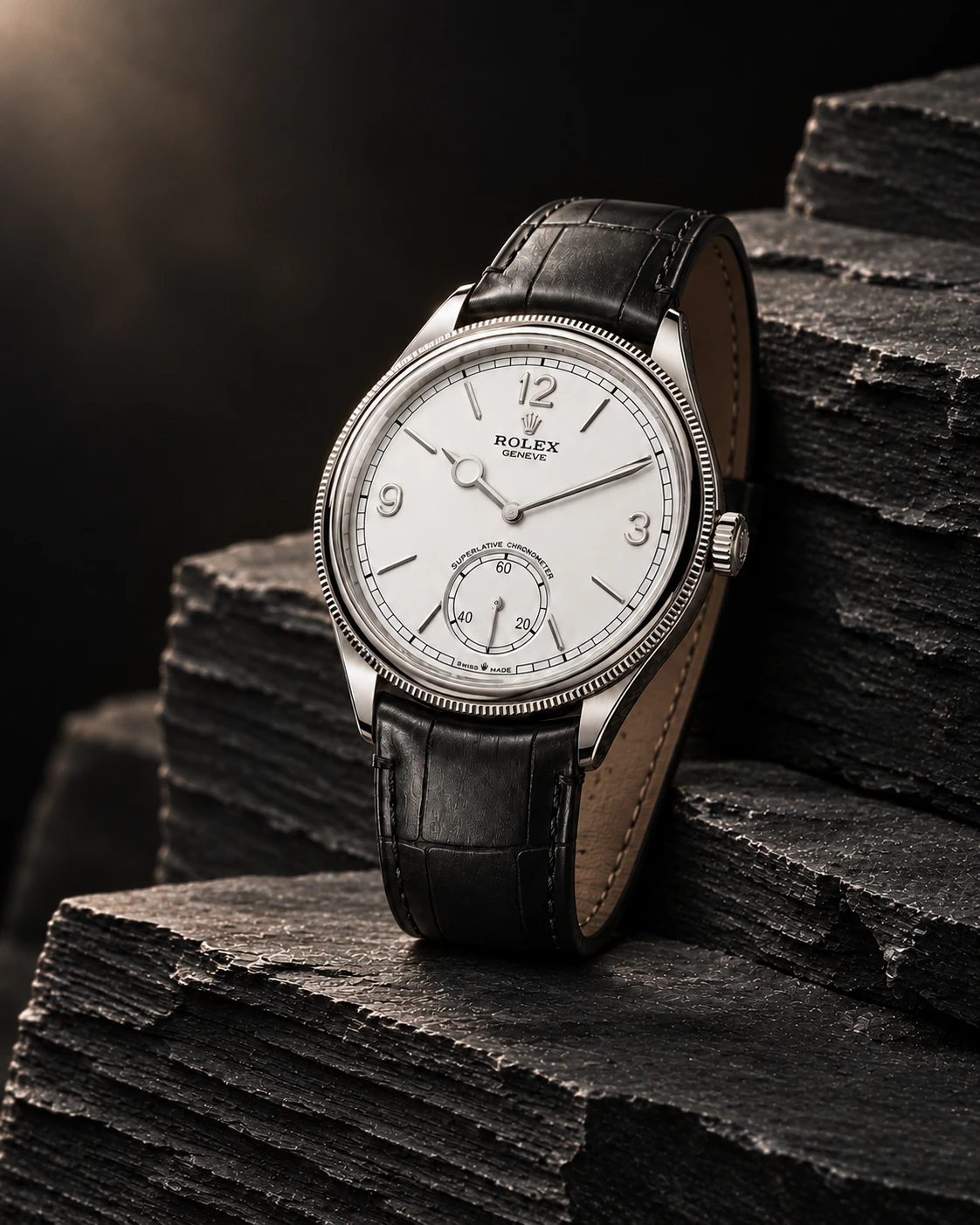 Rolex Perpetual 1908 on thin-layered black slate, an AI-generated editorial composition