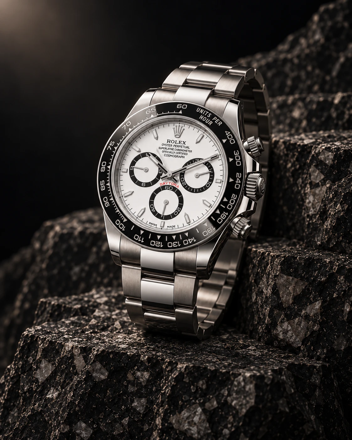 Rolex Cosmograph Daytona on angular-fragment dark breccia, an AI-generated editorial composition