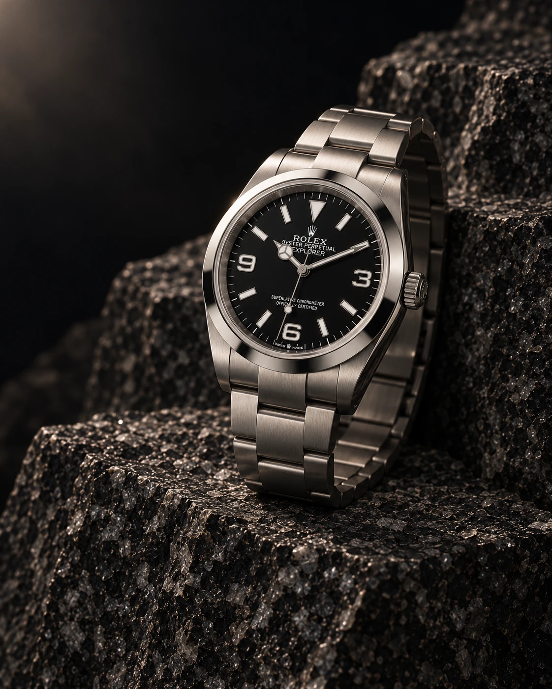 Rolex Explorer on coarse crystalline gabbro, an AI-generated editorial composition