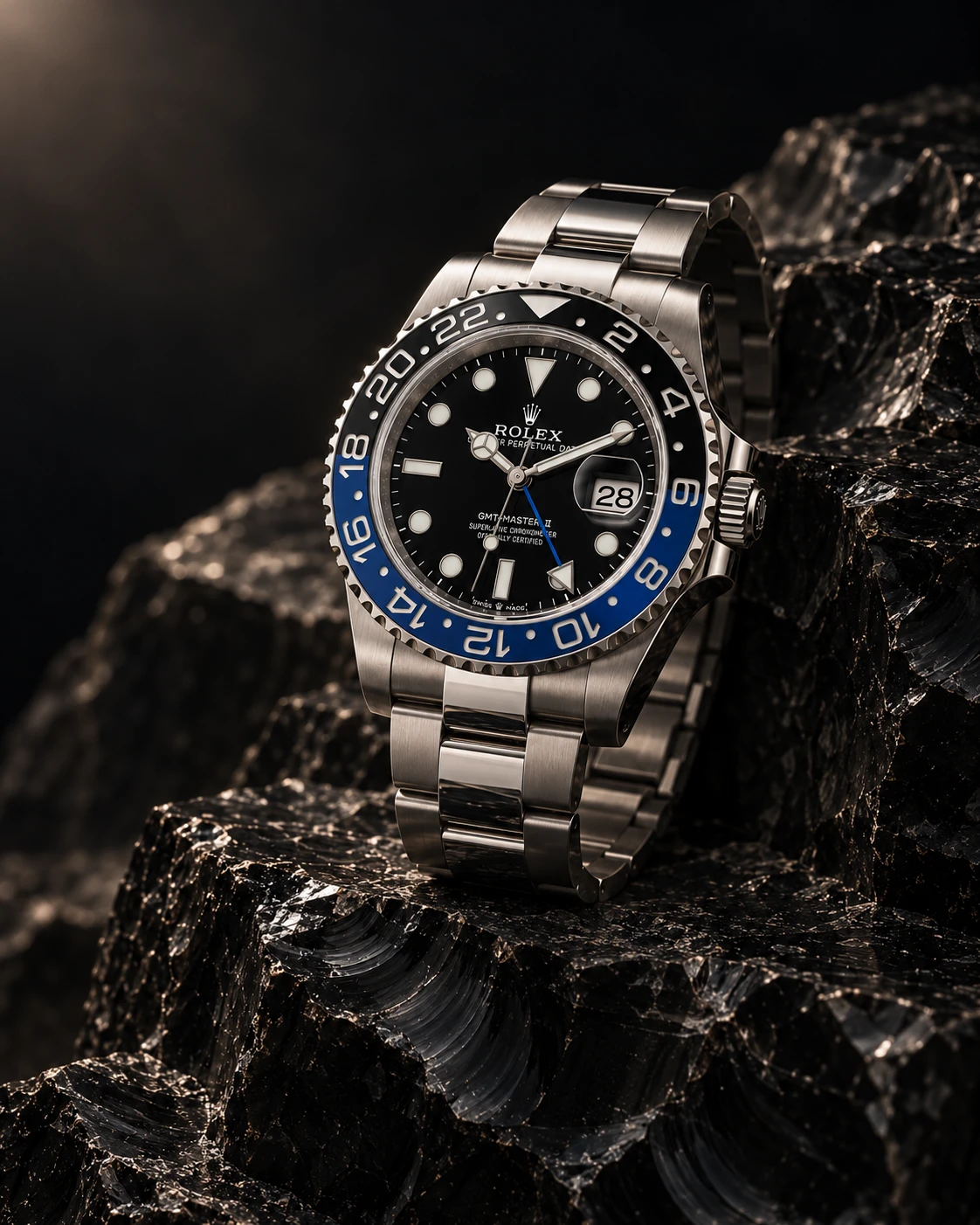 Rolex GMT-Master II on glassy black obsidian, an AI-generated editorial composition