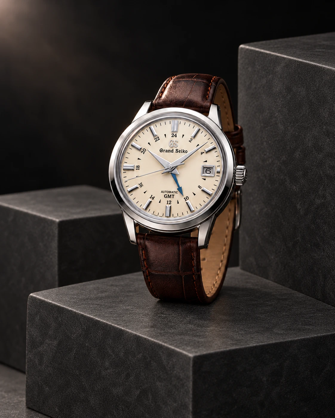 Grand Seiko SBGM221 on honed charcoal soapstone, an AI-generated editorial composition
