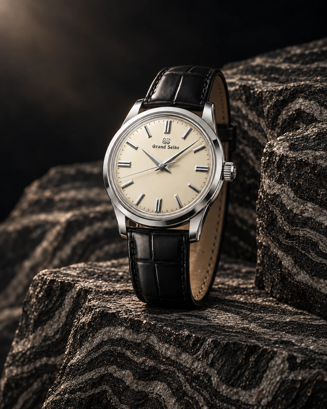 Grand Seiko SBGW301 on wave-banded dark gneiss, an AI-generated editorial composition